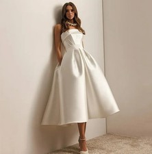 Short Wedding Dresses 2026 Strapless Backless Tea Length Satin Bride Party Gowns