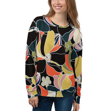 Black Oversized Floral Sweatshirt Crewneck Bold Flowers Soft Fleece Women's
