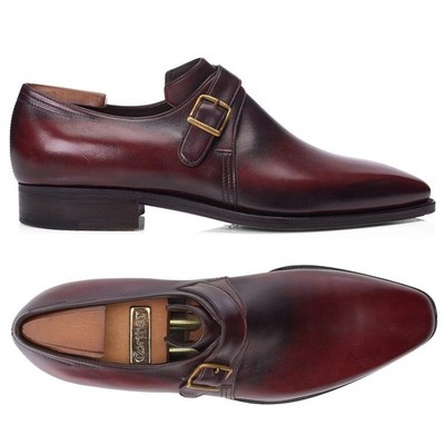 CORTHAY Paris ''Arca Buckle'' Burgundy Calf Leather Single Monk Dress Shoes