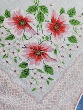 Vintage Ladies Handkerchief Pink Floral Linen Cotton Rolled Scalloped Edges