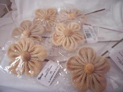 Set of 6 Darice Burlap Daisy Flower Stemmed Picks 3''x8''