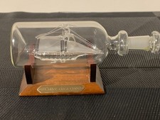 Vintage Ship -Circa 1700 Sailing Glass Ship in A Bottle with Wood Stand & Brass