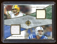 2006 ULTIMATE UD BRETT FAVRE-PEYTON MANNING DUAL GOLD GAME WORN JERSEY #D 99/99