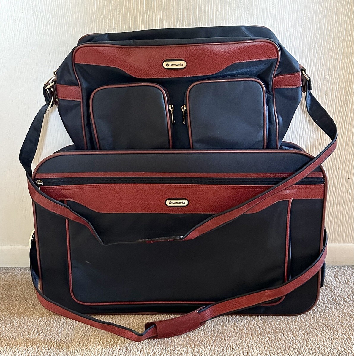 Vtg Samsonite 2Piece Blue/Red Carry-On Shoulder Bags Multi-Zip