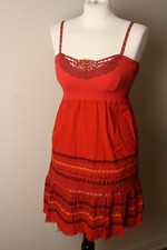 Free People 4 Red Boho Festival Ribbon Strap Sleeveless Bead Crochet Dress