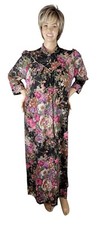 Vintage Appel Long Black Rose Floral Maxi 3/4 Zip Robe Housecoat Patio Dress M