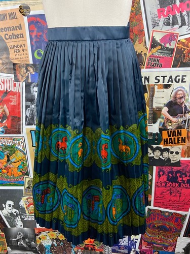 Vtg 60s Blue Accordion Pleated Novelty Horses Print High Waist Skirt Tetoron XS - Picture 2 of 9