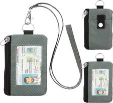 Minimalist RFID Wallet with Lanyard, Multi-Functional ID Case with 2 Zipper