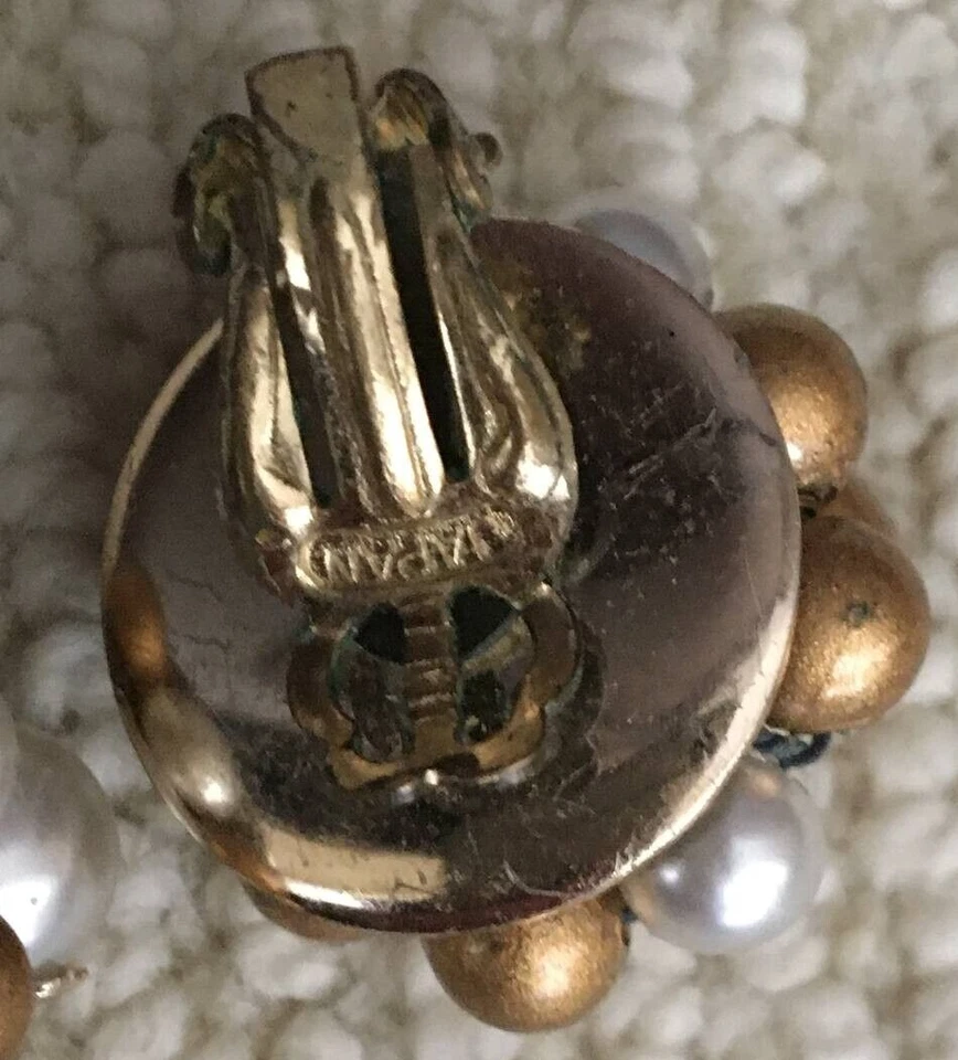 Vintage Gold Tone Earrings With Pearls (1 Pair) Women's Jewelry JAPAN Signed - Image 4 of 4