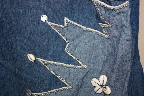 L'AFFAIRE Denim Shell Rhinestone Bead Embellish Open Wrap Sz L VTG Made In India - Picture 2 of 5