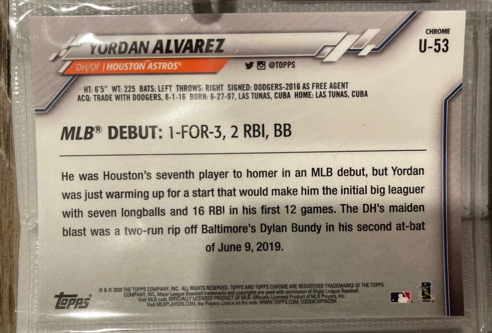 DUO Yordan Alvarez ‘20 Topps Chrome Update Rookie Debut & Decades Next Refractor - Image 2 of 4