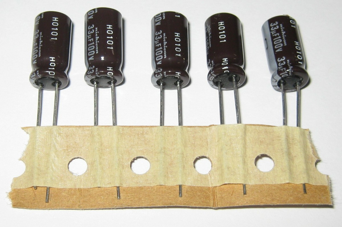 5 X Nichicon 33 uF Radial Electrolytic Capacitor - 100 V DC - 8 mm