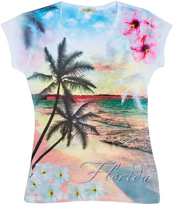 Women Florida Summer Floral Tops Short Sleeve T-Shirt 3D Graphic Print Bling USA