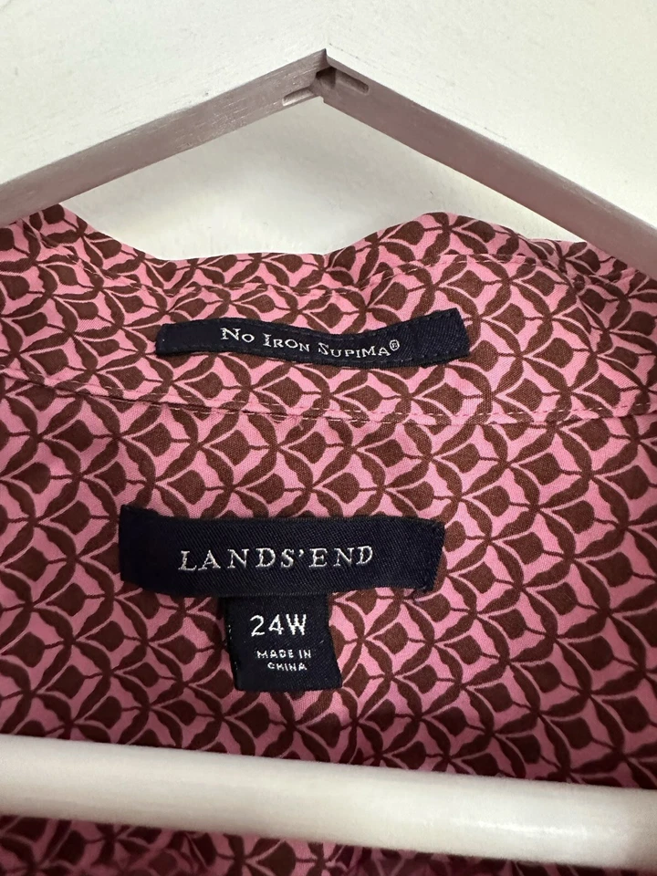 Women LANDS' END Pink Brown SHIRT Top 3/4 Sleeve No Iron %100 Supima Size 24W - Изображение 3 из 4