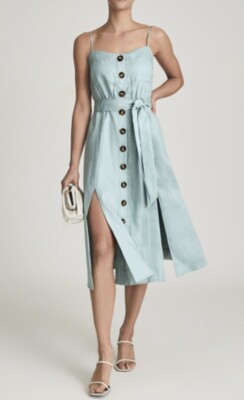 Reiss Catalina Linen BUTTON-UP MIDI DRESS US 2 NWT. Dusty Blue/Sage Color |  eBay