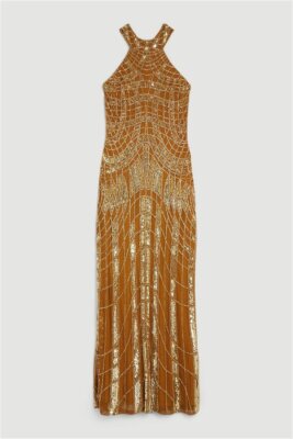 KAREN MILLEN PETITE EMBELLISHED GEO HALTER WOVEN MAXI DRESS IN