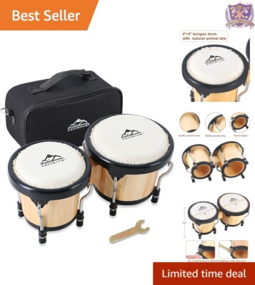 Compact 4'' & 5'' Beginner Bongo Drums with Natural Skin - Portable Music Gift