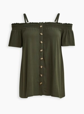 Women Blouse Plus Shirt Torrid 3 3X 22 24 SMOCKED cold shoulder green top Straps