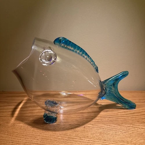 Blenko Style Art Glass Fish Vase Handblown Clear Blue Accent Bowl Terrarium