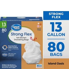 Tall Drawstring Kitchen Trash Bags 13 Gallon 80 Count Strong Flex Island Oasis