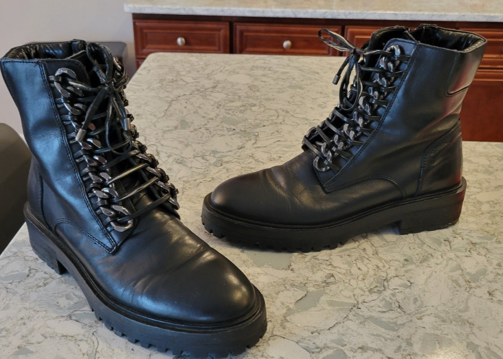 Women's Zara Boots Black Leather Lace Up Side Zip Combat Granny 39  8 8.5  9