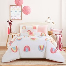 Tufted Rainbow Queen Bedding Set for Girls, 5PCS Boho Comforter Set with Shee...
