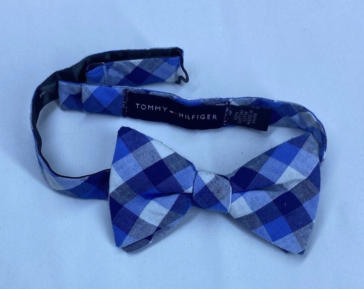 TOMMY HILFIGER Blue Striped Silk Men’s Pure Cotton Bow Tie Ex Con