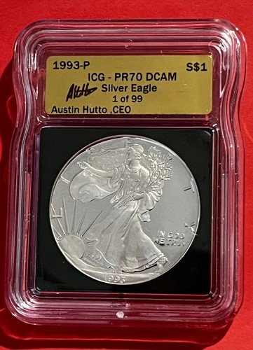 1993P PROOF SILVER EAGLE ICG PR70 DCAM AUSTIN HUTTO SIGNED GOLD LABEL 1 Of 99