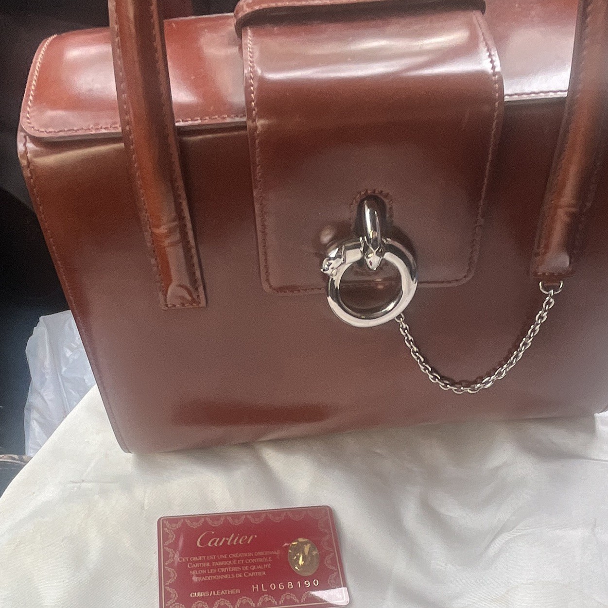 Cartier Brown Small Top Handle Bag Turn Lock, Silver Hardware, Chain, Card