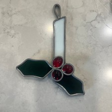Handmade Stained Glass Christmas Holly Suncatcher Candle Leaves Flame