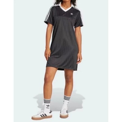 Adidas Womens Size Large T-Shirt Dress Black White V-Neck 3 Stripe Trefoil NEW
