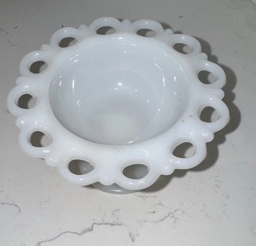 Vintage White Milk Glass Candy Dish Compote Scalloped Lace Edge Pedestal Foot 7"