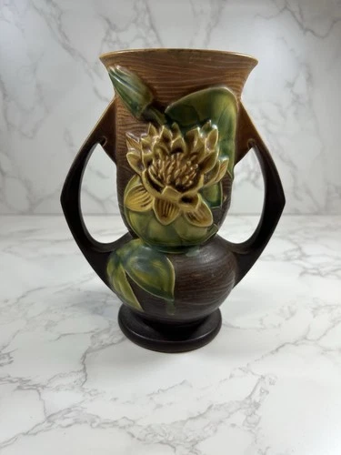 1943 Vintage Roseville Water Lily Art Pottery Brown Handled Vase 74 7 READ