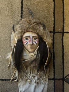 Native American Spirit Mask Wall Hanging Horns Fur Vintage