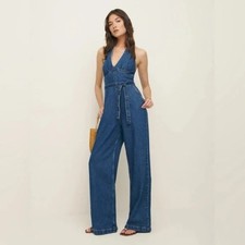 NWT Reformation Elena Wide-Leg Halter Denim Jumpsuit Indigo Blue 8