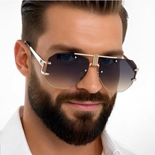 Men Brown Sunglasses Square Rimless Elegant Classy Oversized Exaggerated Lentes
