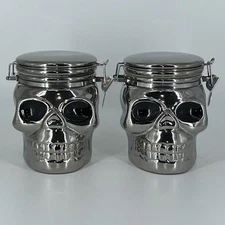 Pair Boston Warehouse Chrome Skull Canister Hinged Jar Gothic Witchy