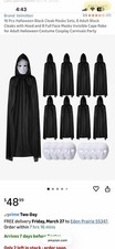 16 Piece Scary Costume: Black Cloak/Cape With Hood And White Masks