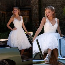 V Neck Lace Appliques Wedding Dresses Sleeveless Tea Length A Line Bridal Gowns