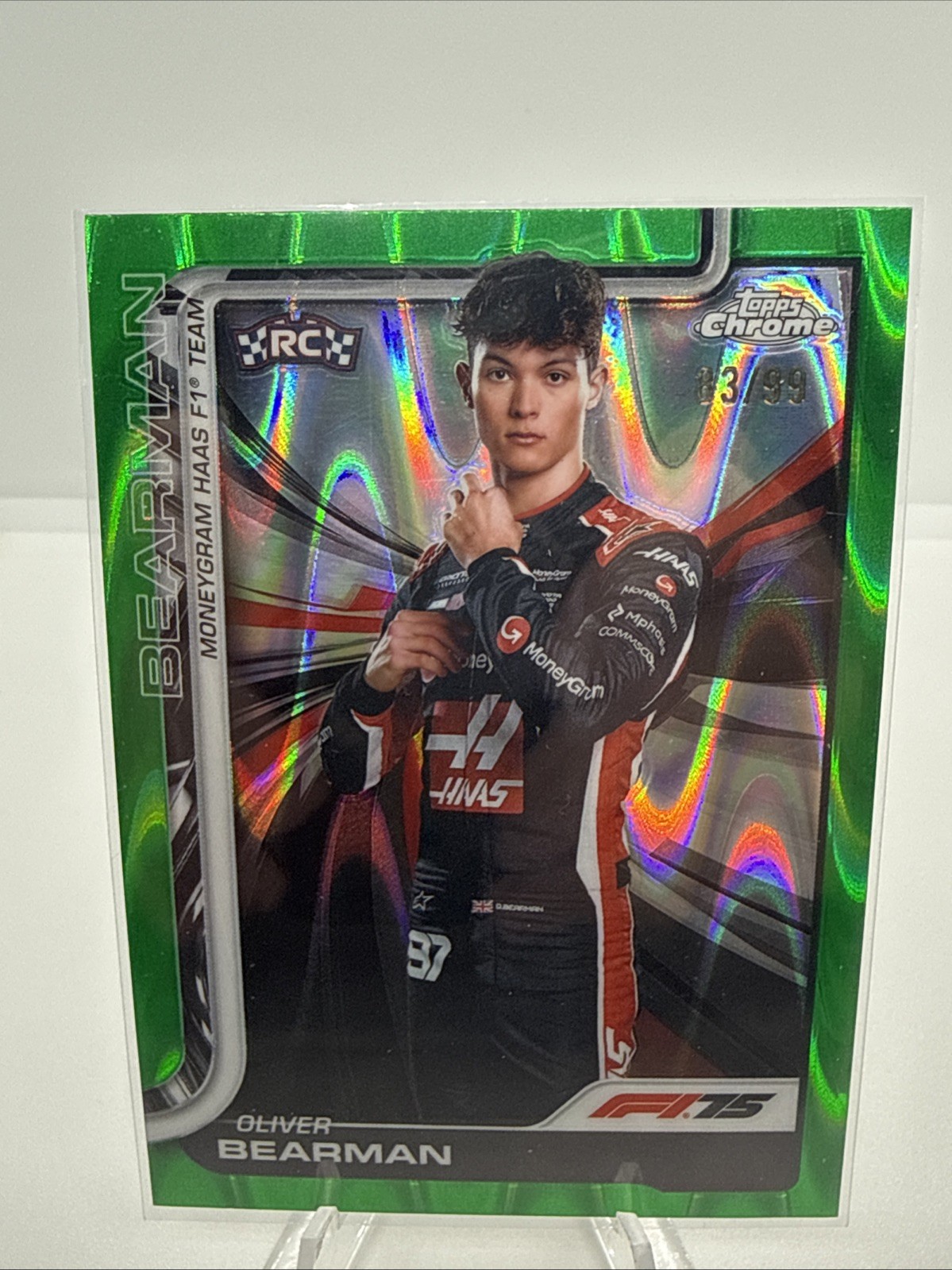 2025 Topps Chrome F1 #14 Green Raywave True RC Oliver Bearman /99