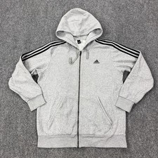 Adidas Hoodie Mens Large Gray Full Zip Fleece Sweatshirt 3 Stripe Logo CF5056