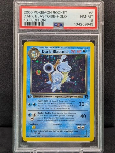PSA 8 *Swirl* 2000 Pokemon Team Rocket 1st Edition Dark Blastoise Holo Rare 3/82