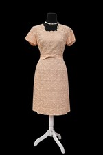 Vintage 1950s Siz Glam Nude Lace Wiggle Dress Belted Cocktail MCM 