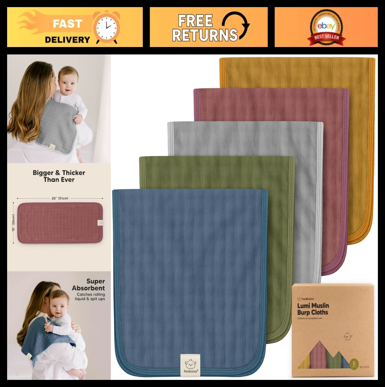 Soft Cotton Muslin Burp Cloths 5-Pack - Large Absorbent Baby Towels & Washcloths