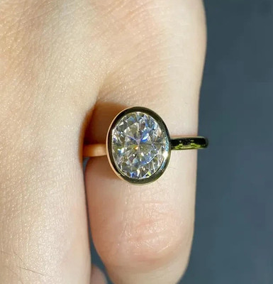 Fully Bezel Set Oval Moissanite Engagement Ring 925 Silver Solitaire Ring Gift