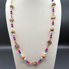 Long Nautical Sailboat Necklace Red Blue White Beads Cork Gold Tone Coastal