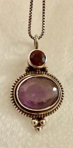 925 Sterling Silver Amethyst & Garnet Pendant Necklace 18" SS Italy Chain - Picture 9 of 9