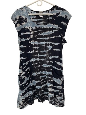 Mind Set By XCVI Tie Dye Linen Tunic Mini Dress Size Large Pockets Black Blue