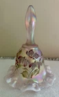 Fenton Pink Opalescent Glass Hand Painted Flowers Ruffled Bell Signed, Box
