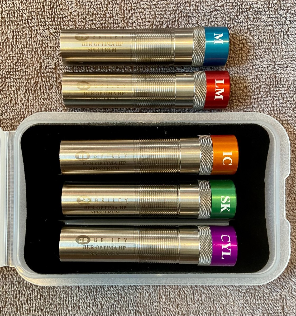 SET OF 5 BRILEY SPECTRUM BERETTA OPTIMA HP CHOKE TUBES WITH CASE